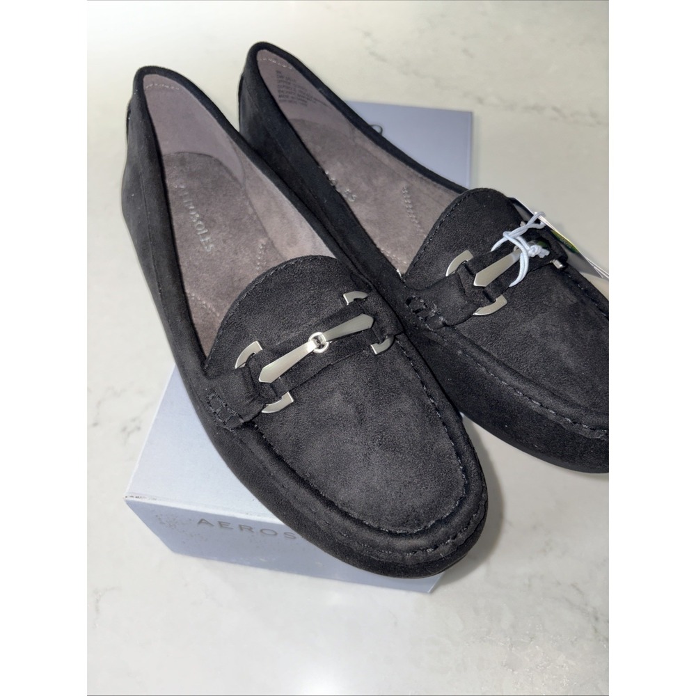Womens 9 Aerosoles Day Drive Loafers Black Faux‎ Suede Slip On Flats Silver New